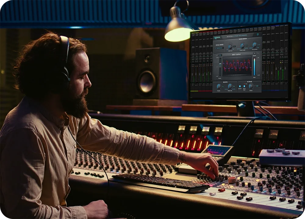 Producer in recording engineer room turning a knob with Mutator on the computer screen