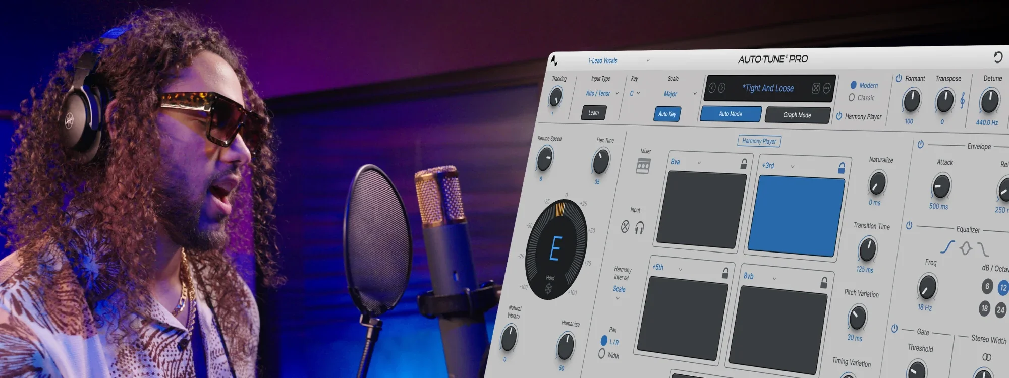 A man wearing sunglasses singing into a microphone on the left with the AutoTune Pro 11 plugin interface on the right