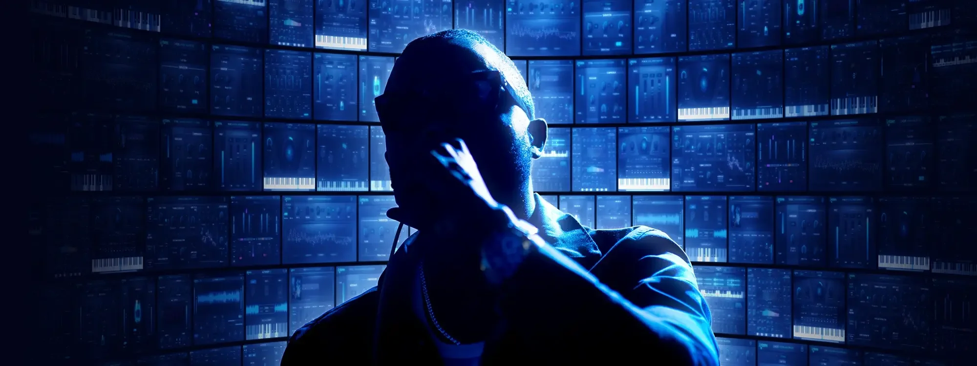 A shadow facade of a man singing into a microphone