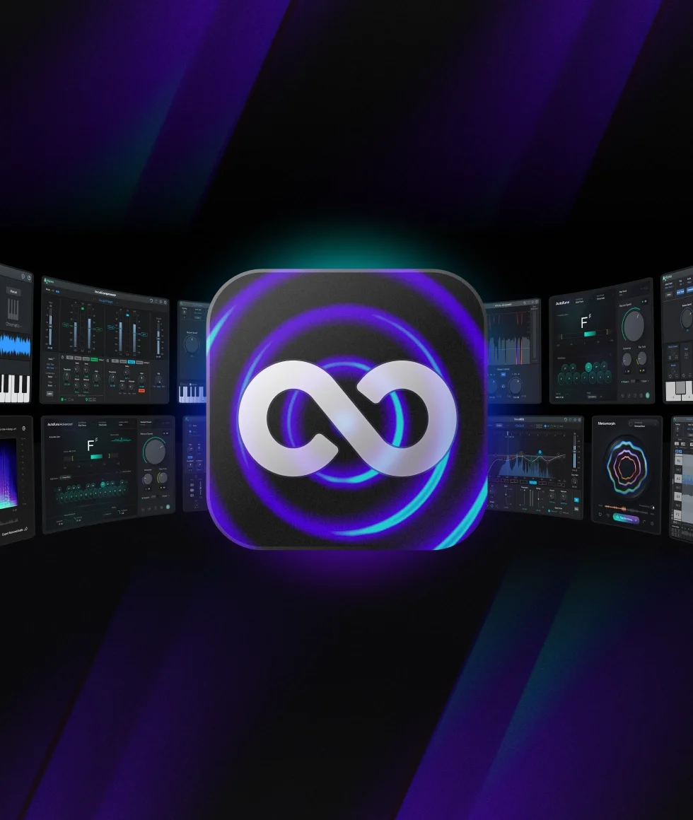 AutoTune Unlimited infinity logo with wall of AutoTune plugin interfaces behind it