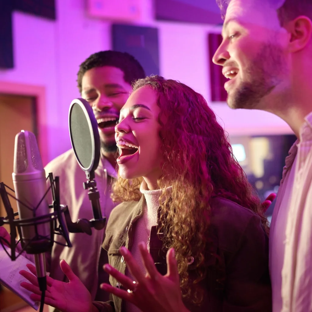 Two men and a woman singing into a studio microphone