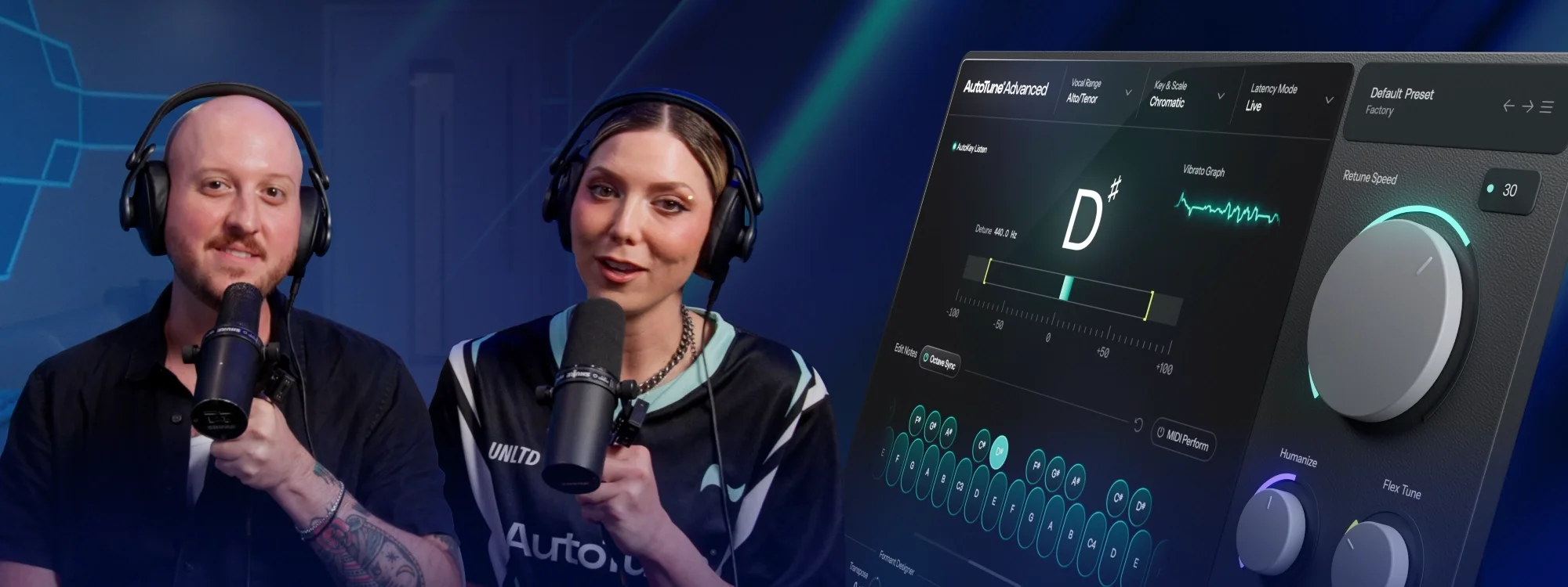 A man and a woman speaking into microphones with AutoTune Advanced plugin interface on the right