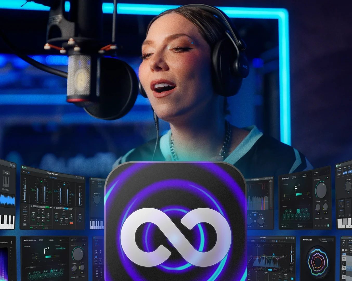 A woman singing into a studio microphone with the AutoTune Unlimited plugin infinity wall below