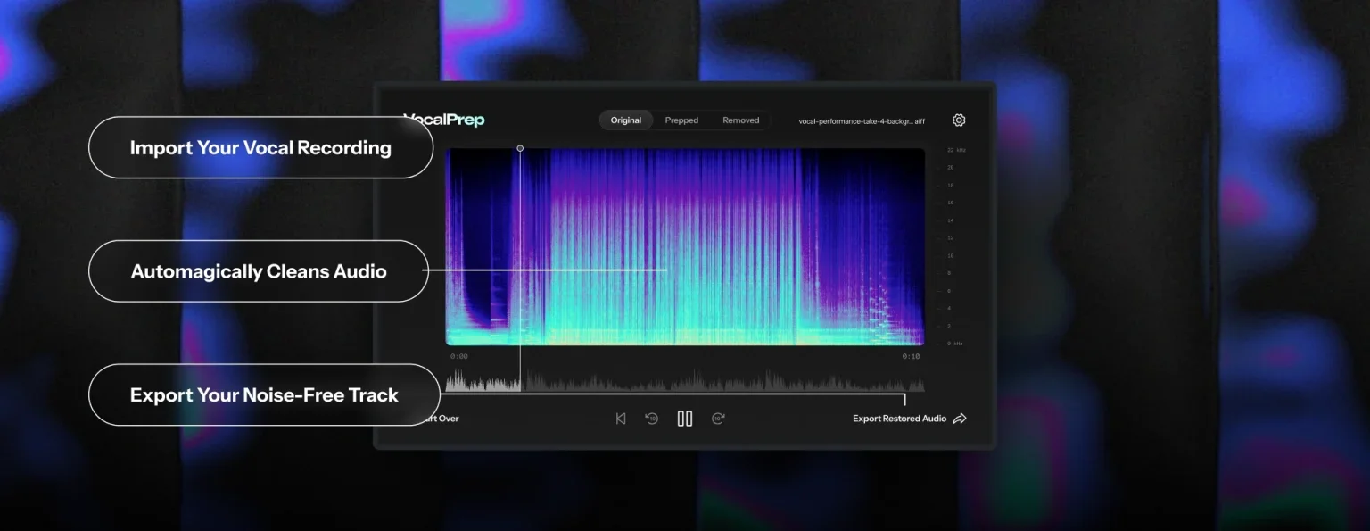 Infograph of Vocal Prep highlighting how it cleans your audio import of background noise