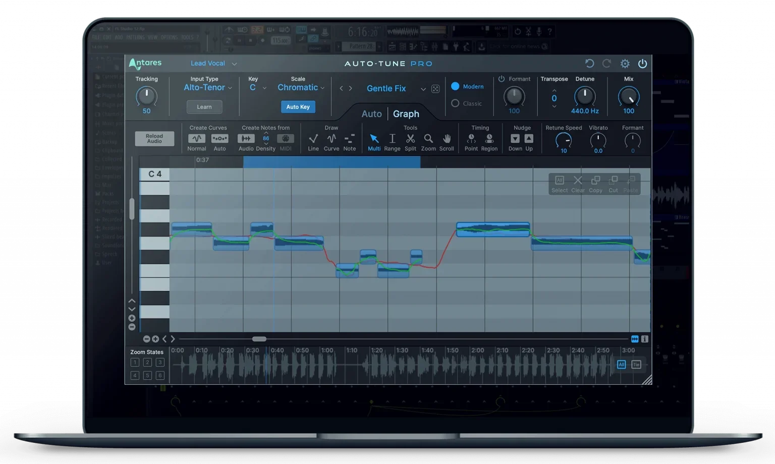 MacBook with AutoTune Pro X Graph Mode interface