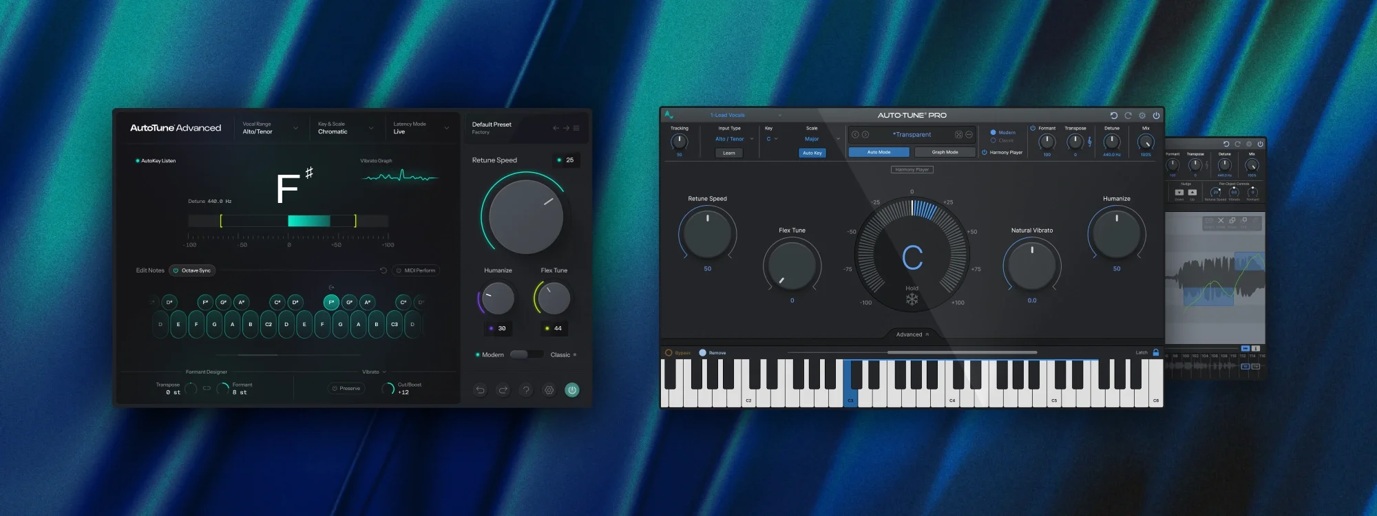 Side-by-side of AutoTune Advanced plugin interface and the AutoTune Pro 11 plugin interface