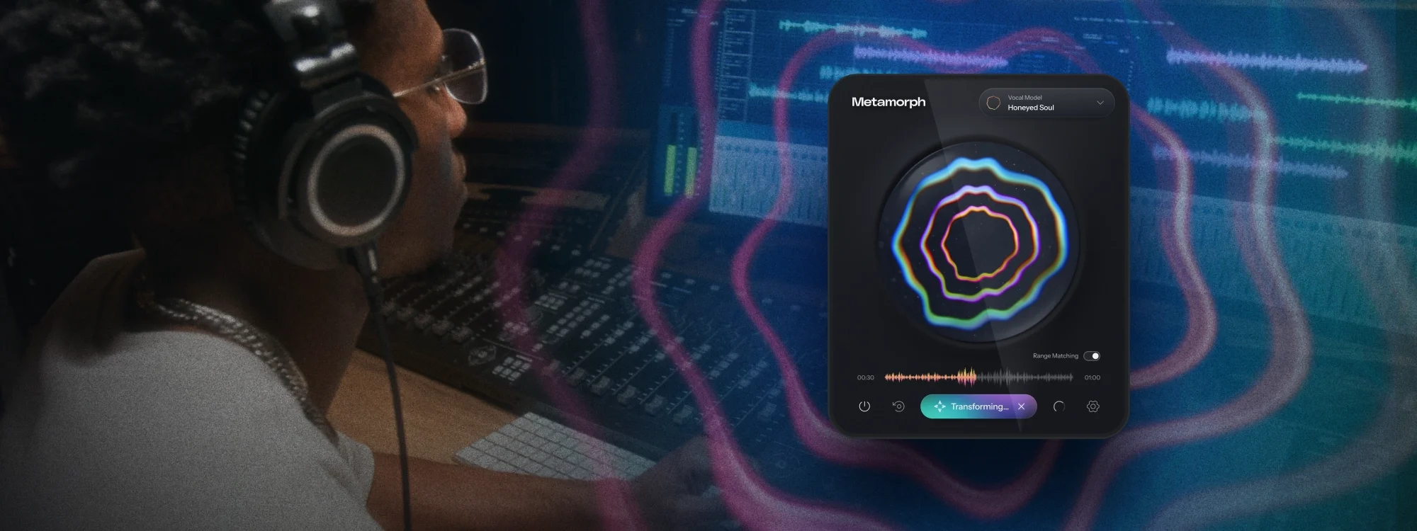 Metamorph v1.1 plugin interface overlayed an image of a man wearing headphones working at a mixing console in a recording studio