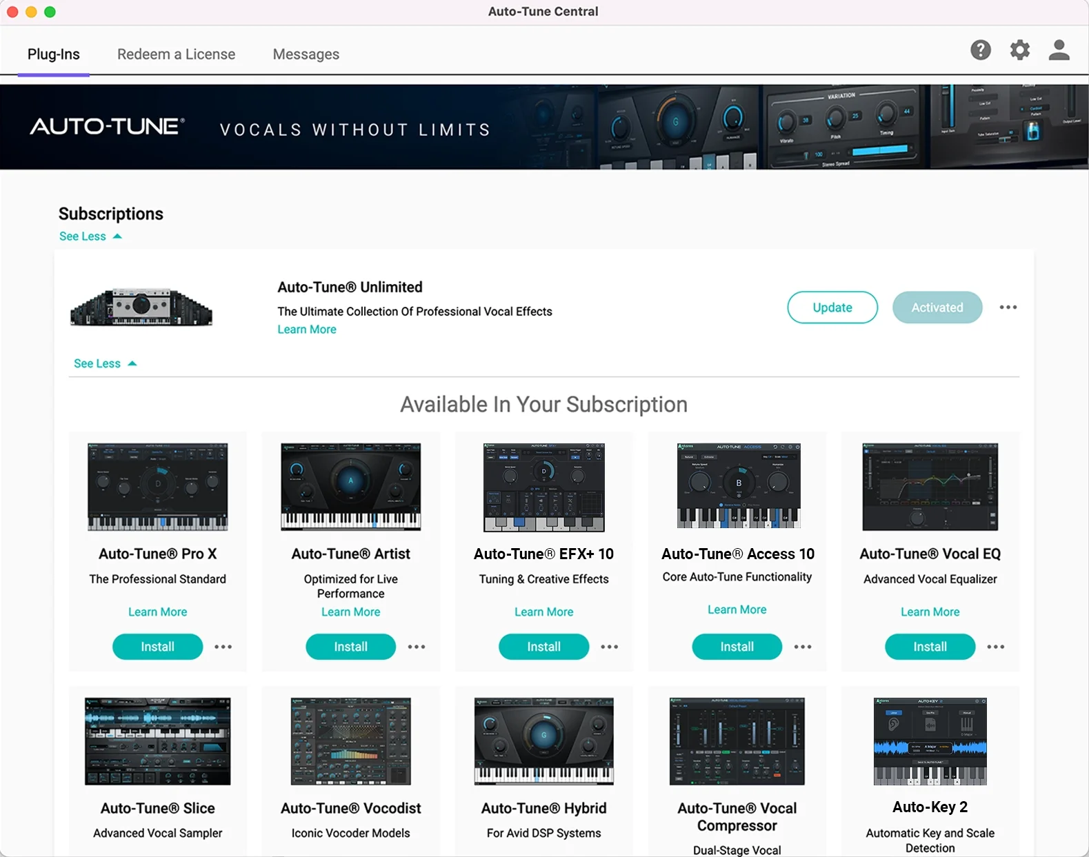 The Plugins screen on AutoTune Central