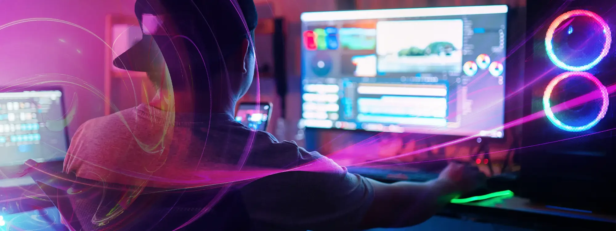 A guy sitting in front of a large computer screen
