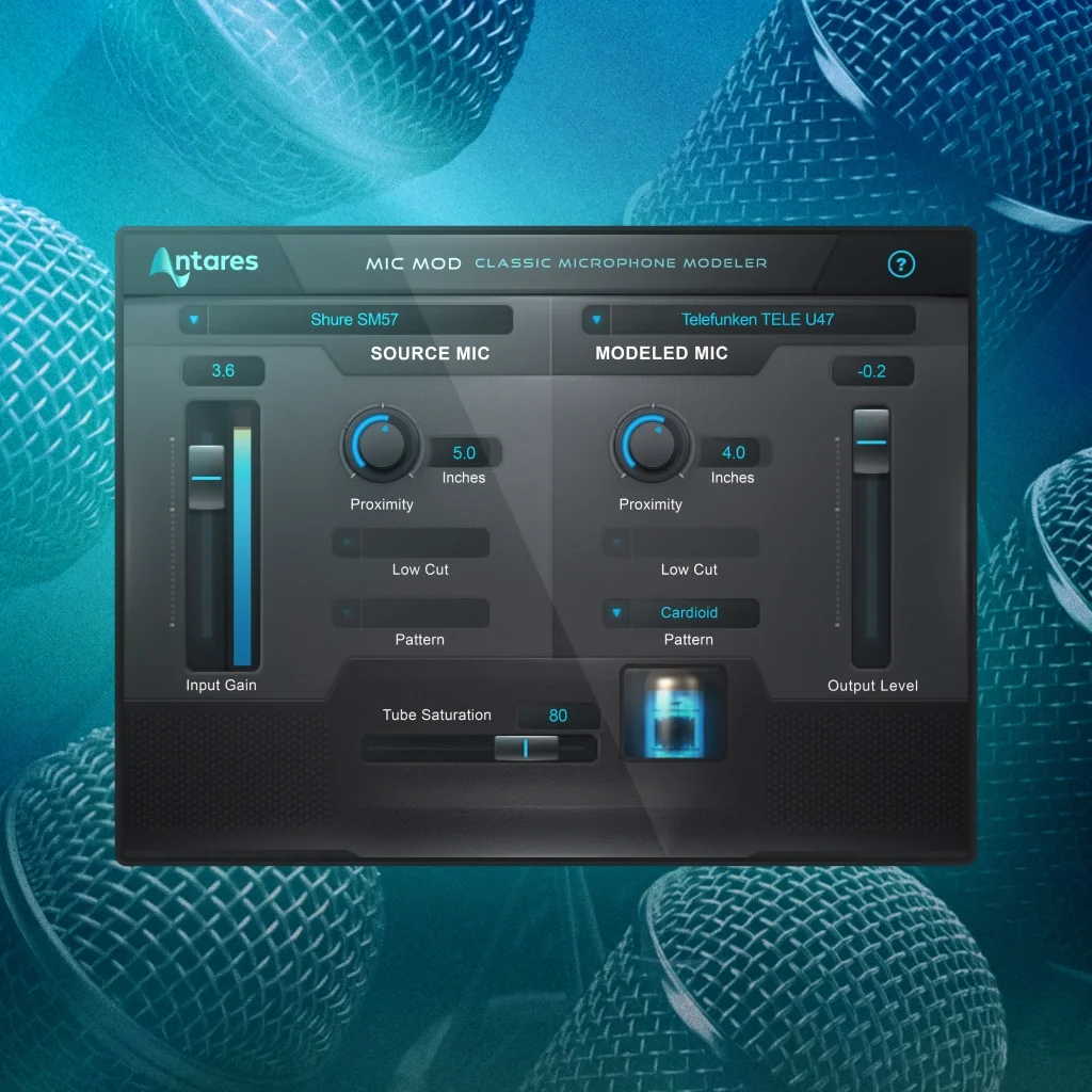 Mic Mod plugin interface on a blue/teal background with microphone heads overlayed repeatedly