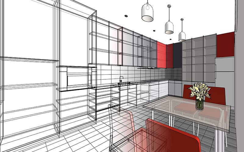 A 3D sketch rendering of a kitchen design.