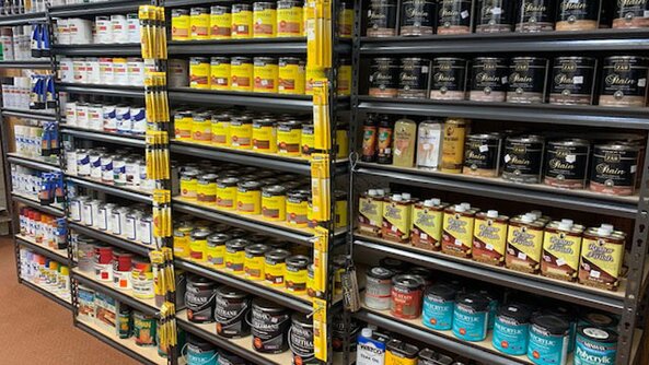 Paint and stain aisle at Tionesta Builders Supply.