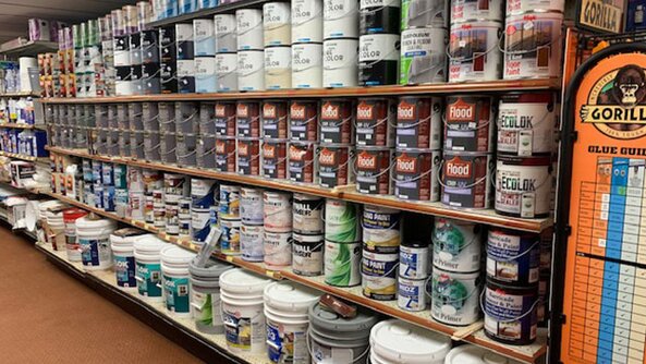 Paint and stain aisle at Tionesta Builders Supply.