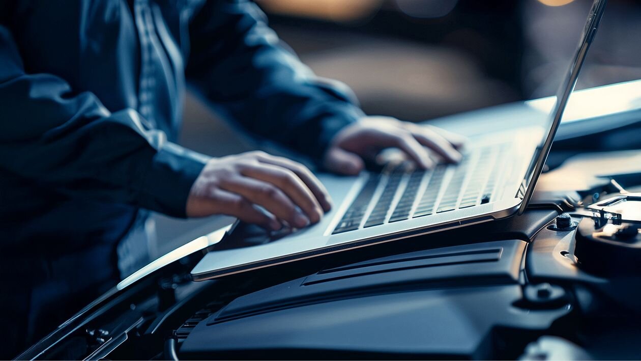 Service Mitarbeiter am Laptop in der Werkstatt