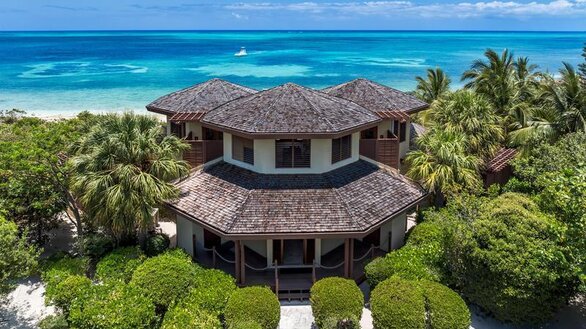 Aerial view of Caya Hico with the hexagon exterior and unobstructed view of of the ocean
