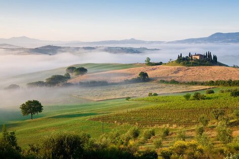 Pool area with blue lounge chairs with matching umbrellas