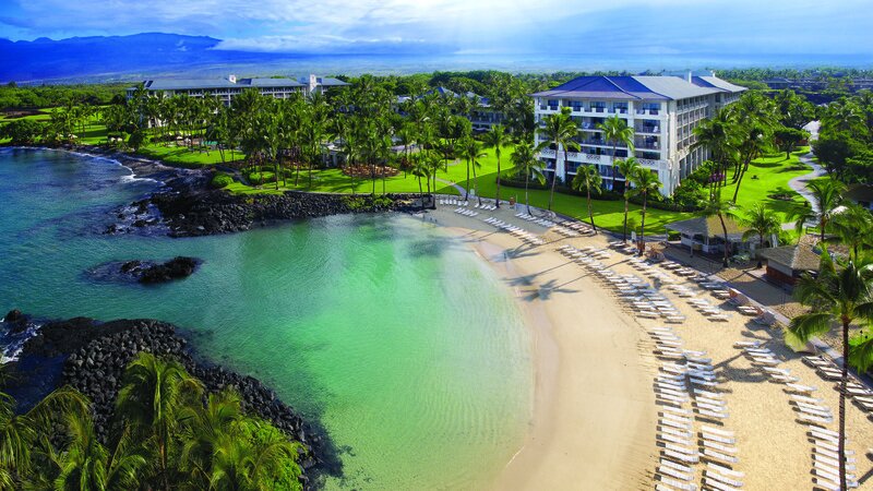 An aerial view of the Fairmont Orchid and it's pristine white sand beach.