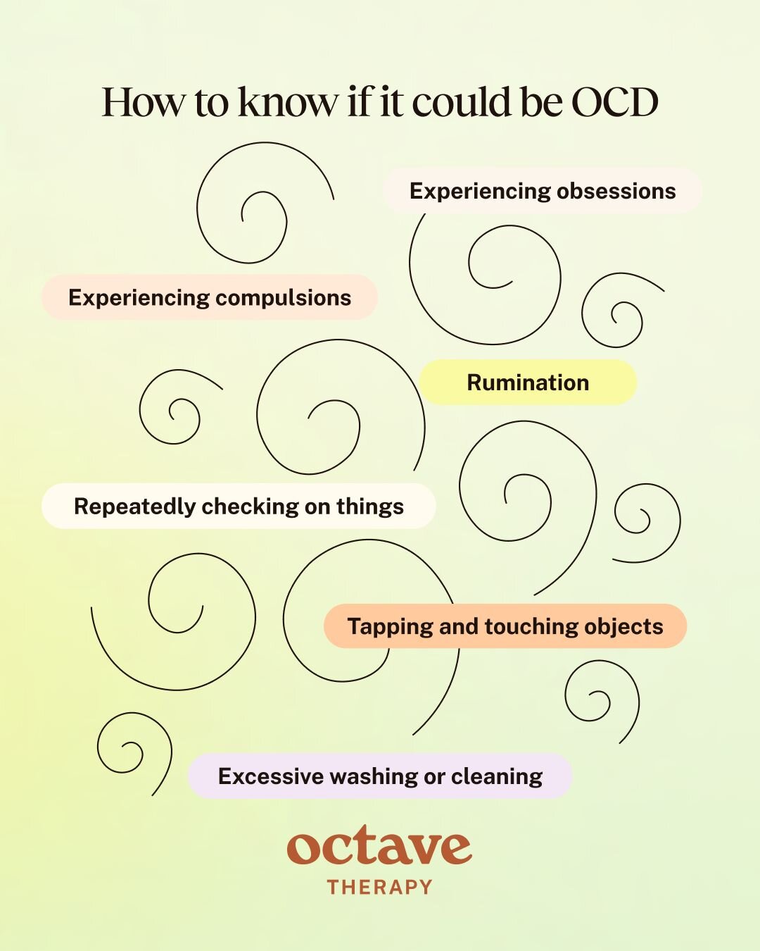 An infographic titled “How to know if it could be OCD” by Octave Therapy. It highlights common signs of obsessive-compulsive disorder against a soft green background with swirling line designs. The listed indicators include: experiencing obsessions, experiencing compulsions, rumination, repeatedly checking on things, tapping and touching objects, and excessive washing or cleaning. The design uses gentle pastel tones to convey calm and reassurance around an often misunderstood mental health topic.
