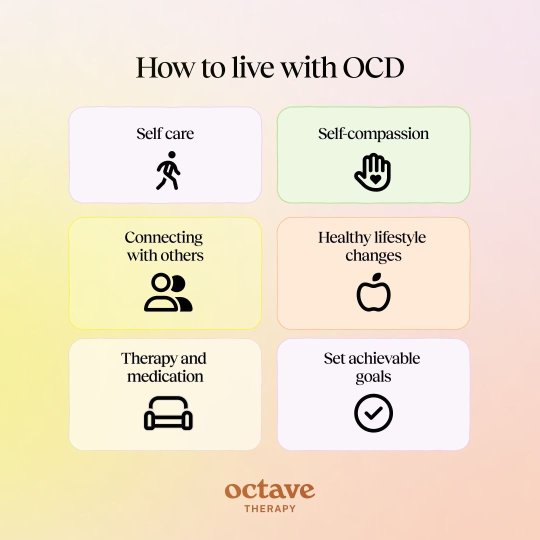 An infographic titled “How to live with OCD” by Octave Therapy. It features six pastel-colored boxes, each paired with a simple black icon, offering practical tips for managing obsessive-compulsive disorder: self care, self-compassion, connecting with others, healthy lifestyle changes, therapy and medication, and setting achievable goals. The layout uses soft gradients and rounded edges to evoke calm, hope, and balance—reflecting a supportive approach to mental wellness.