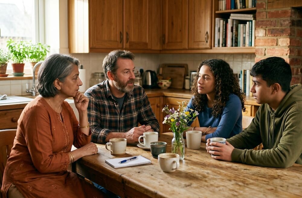 Family speaking around a table