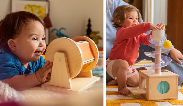 Toddler play with Lovevery's Squeeze and Spray Mop and a baby playing with Lovevery's Magic Tissue Box
