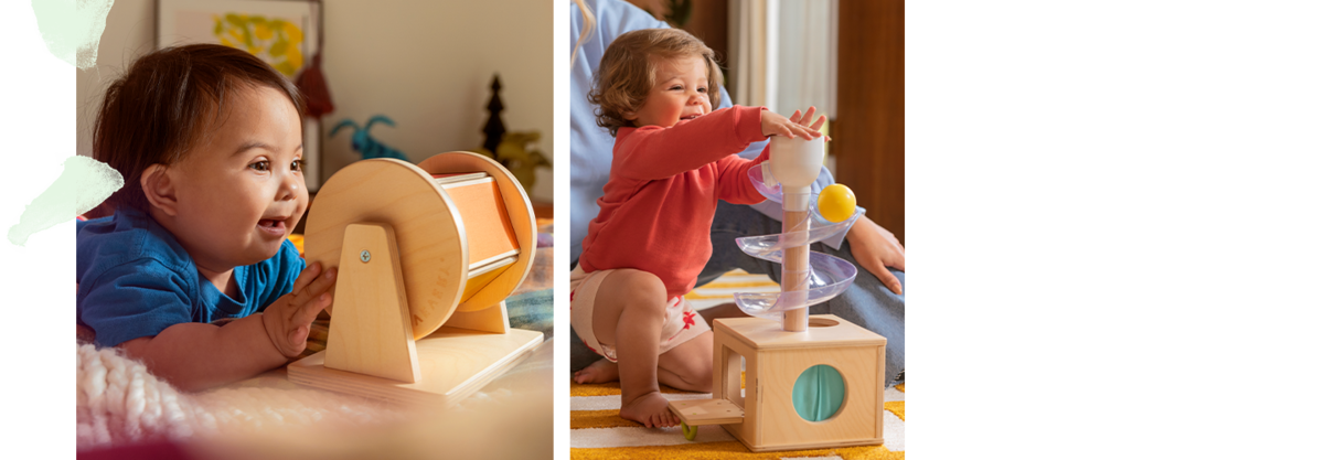 Toddler play with Lovevery's Squeeze and Spray Mop and a baby playing with Lovevery's Magic Tissue Box