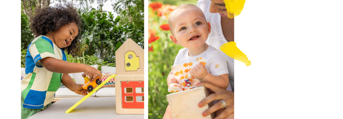 Toddler play with Lovevery's Squeeze and Spray Mop and a baby playing with Lovevery's Magic Tissue Box