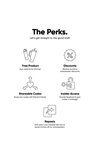 A graphic titled 'The Perks' with the subtitle 'Let’s get straight to the good stuff.' It features five icons with descriptions of ambassador benefits:

1. Free Product – Earn rewards for sharing! (icon of water bottles)
2. Discounts – Receive exclusive ambassador discounts. (icon of a percentage symbol)
3. Insider Access – Provide feedback & gain insider knowledge. (icon of a key and unlocked padlock)
4. Shareable Codes – Share your codes with friends & family. (icon of a heart with arrows)
5. Reposts – Post about your Owalas! We love to repost & show off our ambassadors. (icon of overlapping boxes with a share arrow).