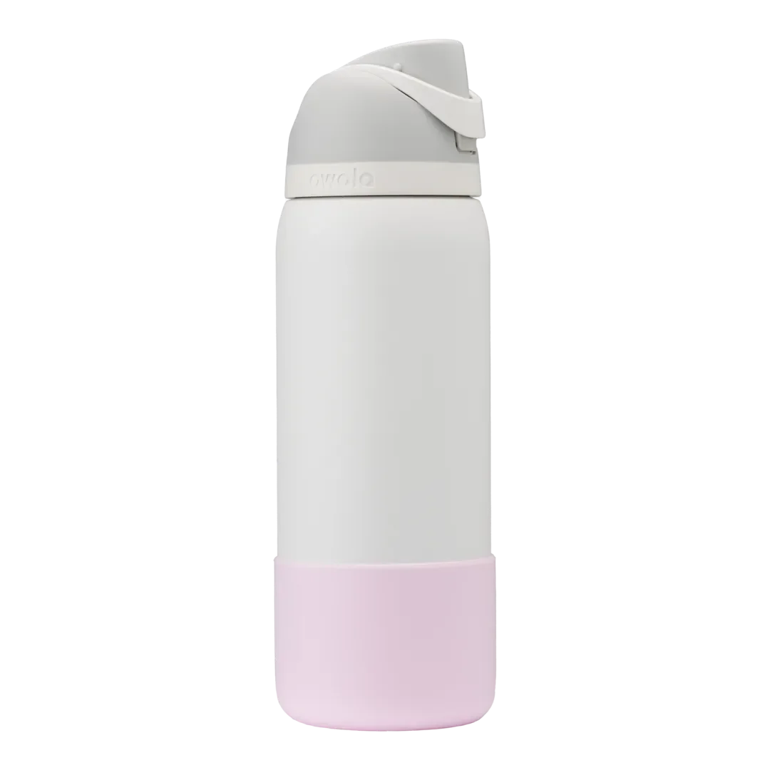 Bottle Boot in light pink silicone, shown on a white FreeSip bottle as example