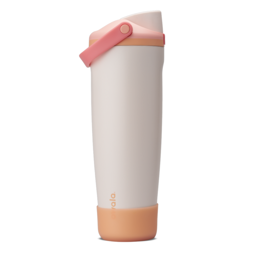 Bottle Boot for FreeSip Tumbler and Sway in translucent orange silicone, shown fitted on a 40oz Sparkling Sherbet FreeSip Sway with cream body and peach accent