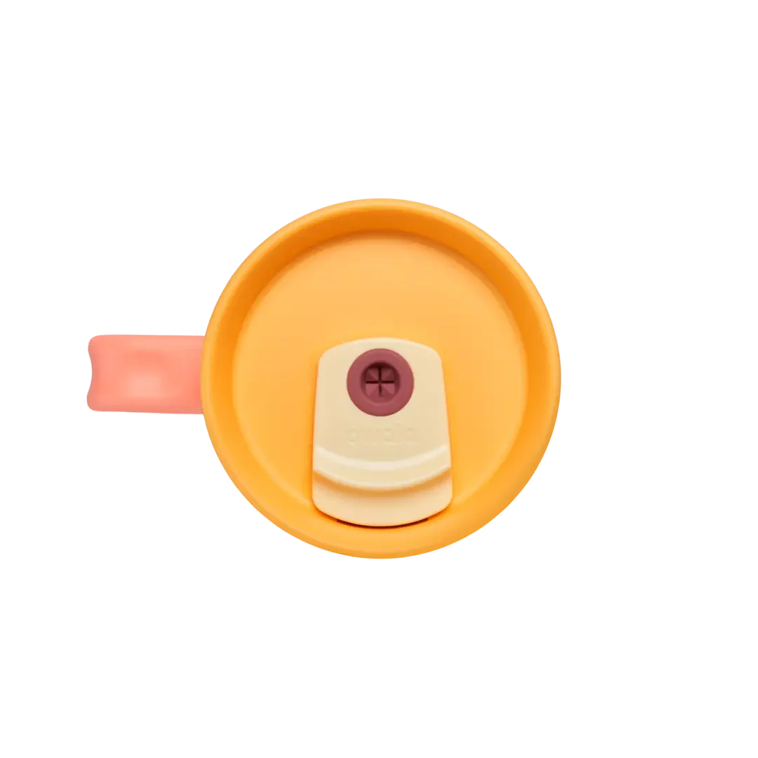 Owala Tumbler 40oz in Candy Store, top-down view of orange lid with cream straw slider and dark wine straw hole, and pink handle