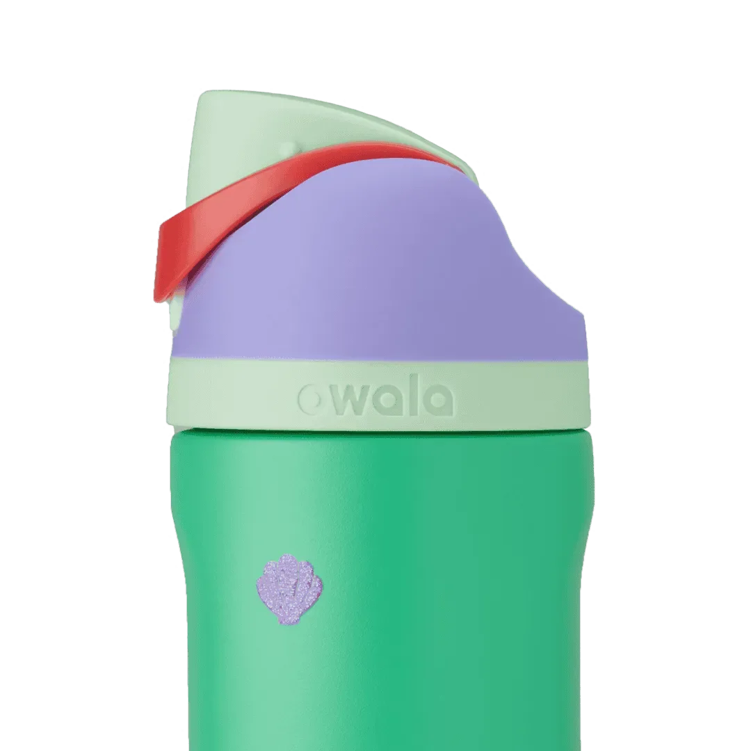 FreeSip Ariel Disney Princess Collection lid detail, green body with mint lid, lavender flip cap, red carry loop, and lavender shell logo