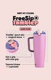 An image highlighting FreeSip Tumbler features: side handle, FreeSip spout, cupholder friendly