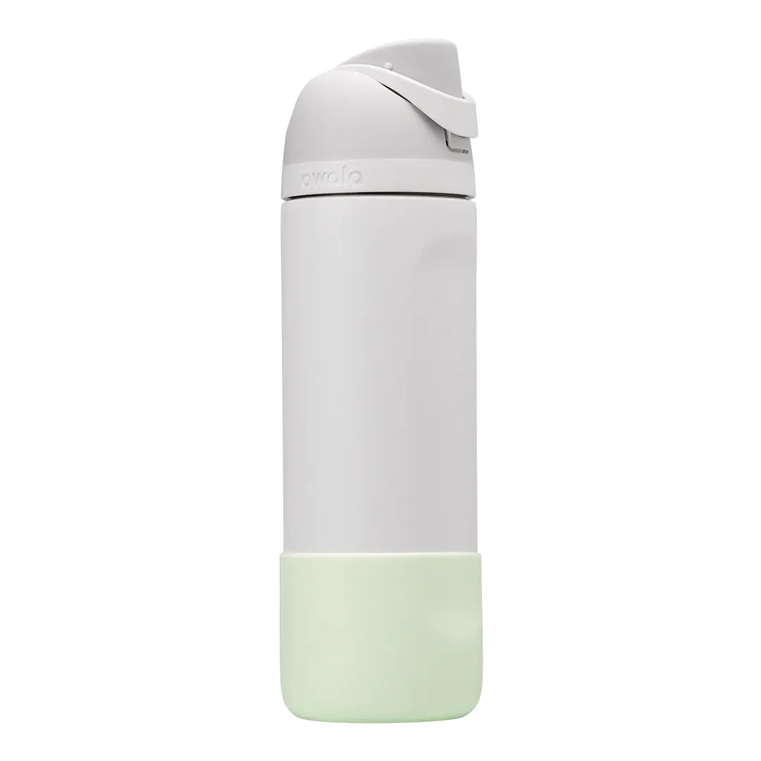 Bottle Boot in pale mint green silicone, shown on a white FreeSip bottle as example