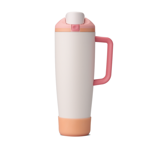 Bottle Boot for FreeSip Tumbler and Sway in translucent orange silicone, shown fitted on a 40oz Sparkling Sherbet FreeSip Tumbler with cream body, peach accent, and pink handle