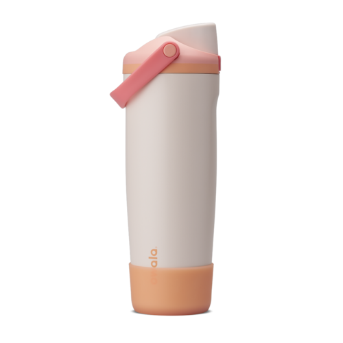 Bottle Boot for FreeSip Tumbler and Sway in translucent orange silicone, shown fitted on a 30oz Sparkling Sherbet FreeSip Sway with cream body and peach accent