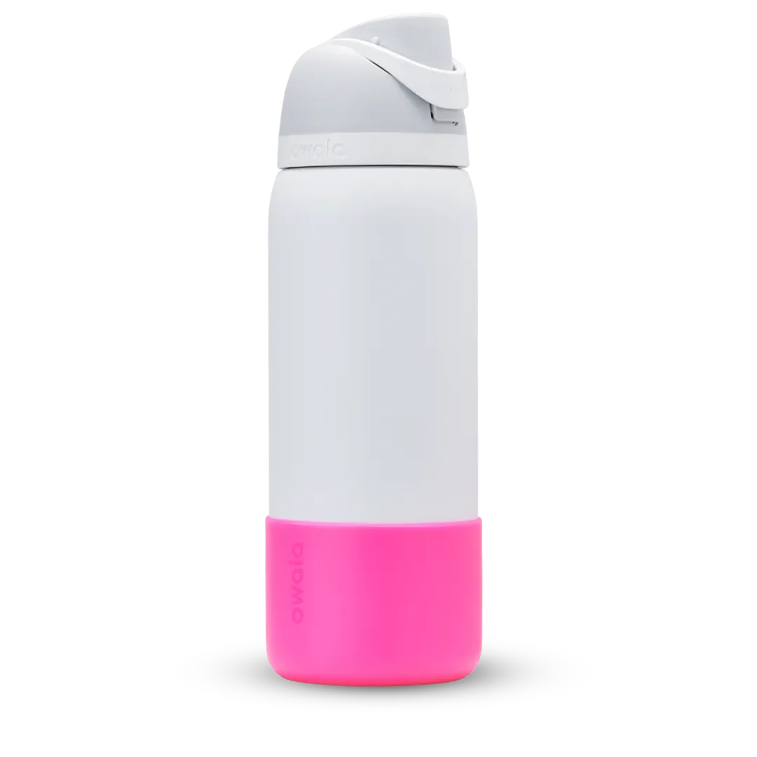 Bottle Boot in hot pink silicone, shown on a white FreeSip bottle as example