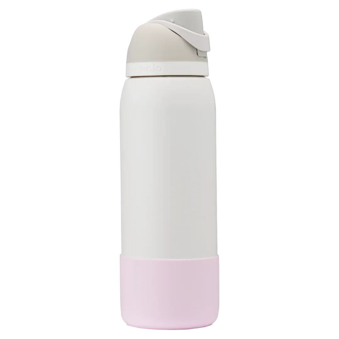 Bottle Boot in light pink silicone, shown on a white FreeSip bottle as example