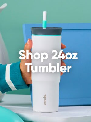 A hand holding a 24oz tumbler. Shop tumblers