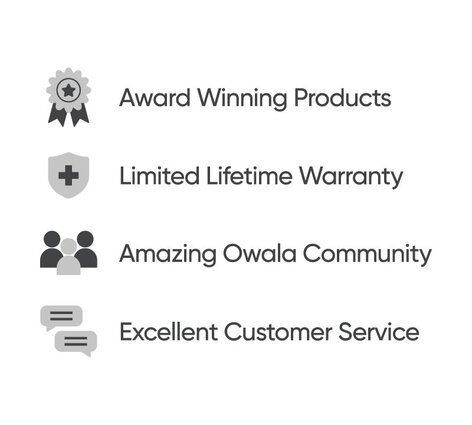 Owala trust and features banner: Award Winning Products, Limited Lifetime Warranty, Amazing Owala Community, and Excellent Customer Service icons with labels