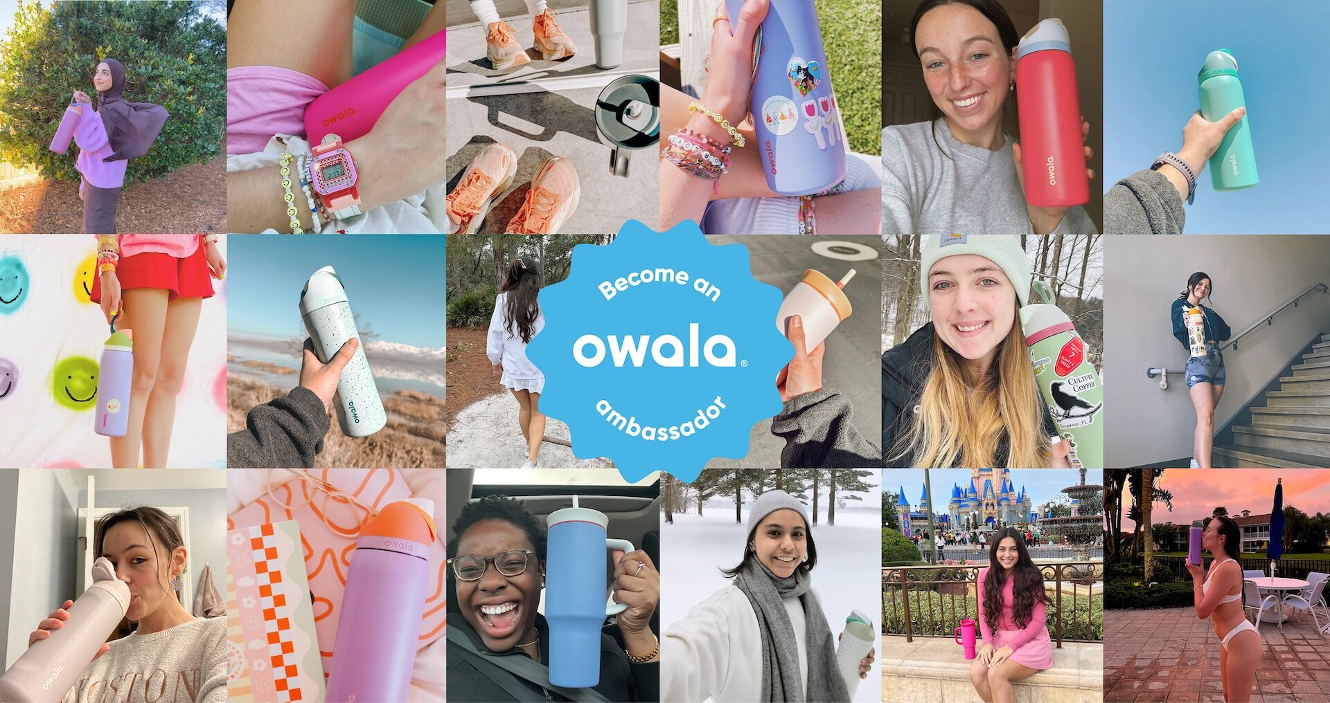 Owala ambassadors using our bottles while swimming, studying, traveling, and enjoying life—hydration made stylish and functional.