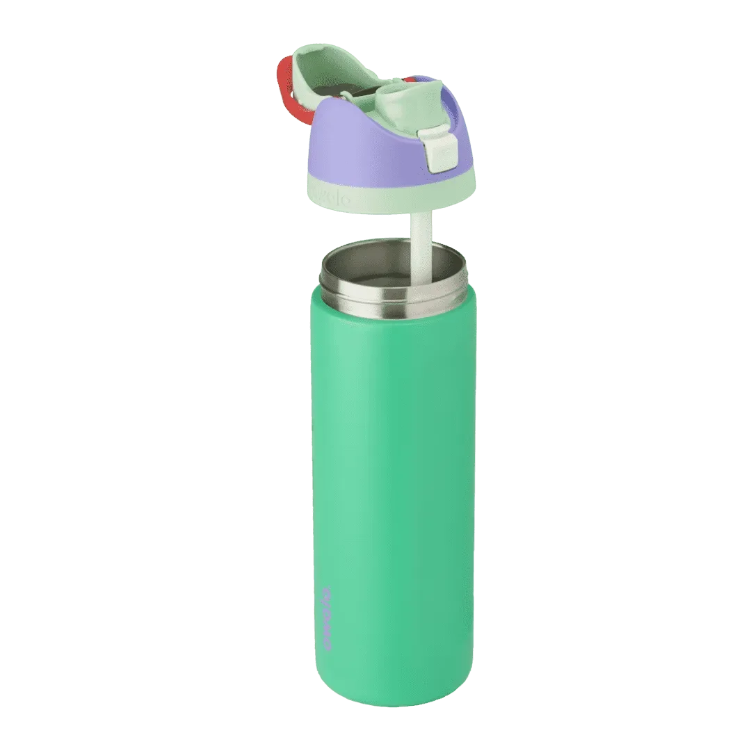 FreeSip Ariel Disney Princess Collection in green with mint lid, lavender flip cap, and red carry loop, lid open showing straw and stainless steel interior