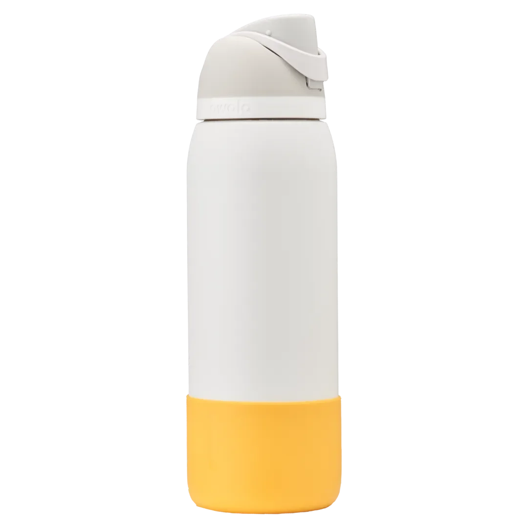 Bottle Boot in golden yellow silicone, shown on a white FreeSip bottle as example