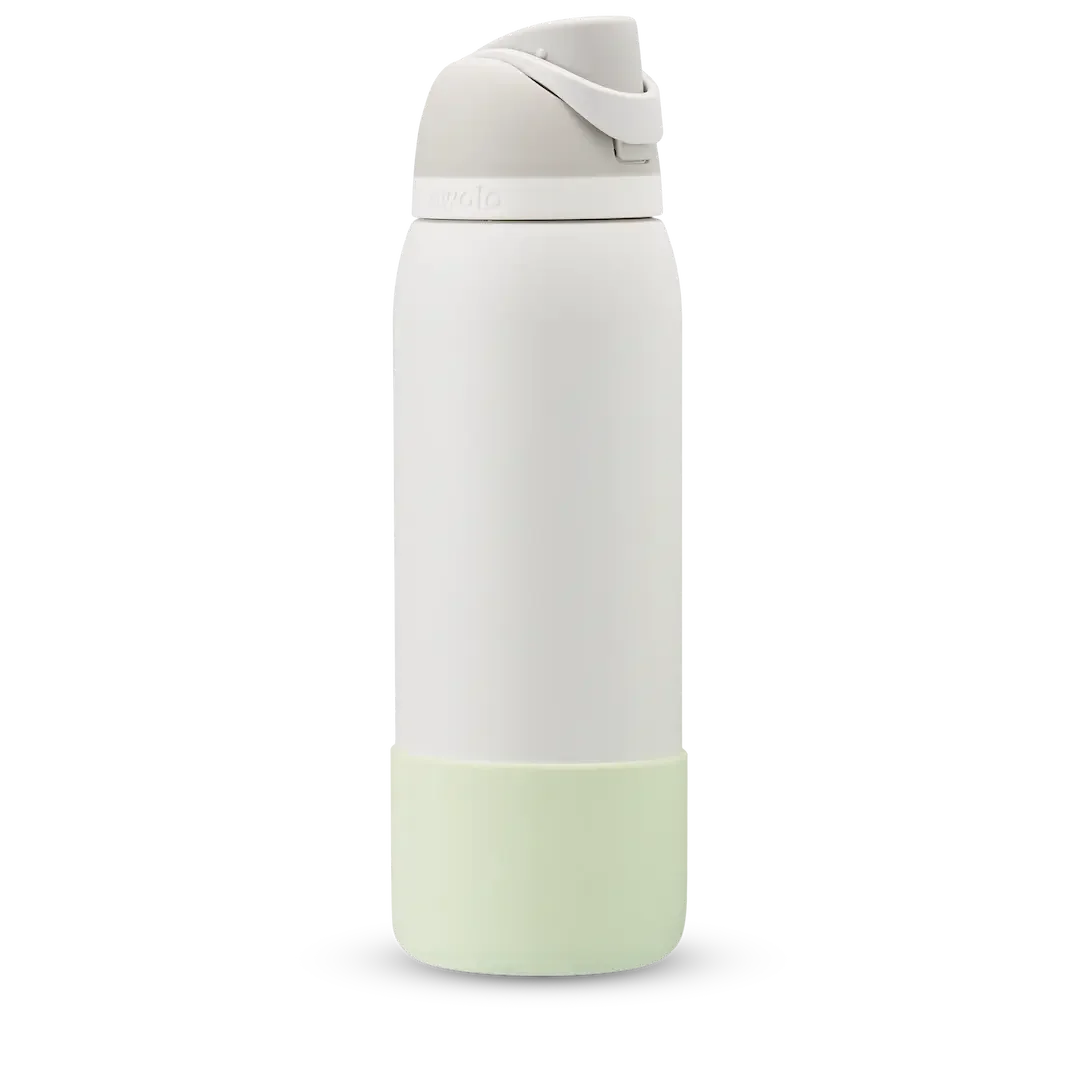 Bottle Boot in pale mint green silicone, shown on a white FreeSip bottle as example