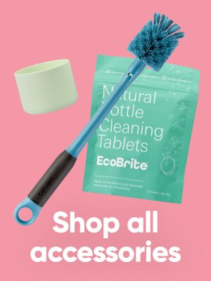 A bottle boot, brush, and cleaning tablets. Shop accessories