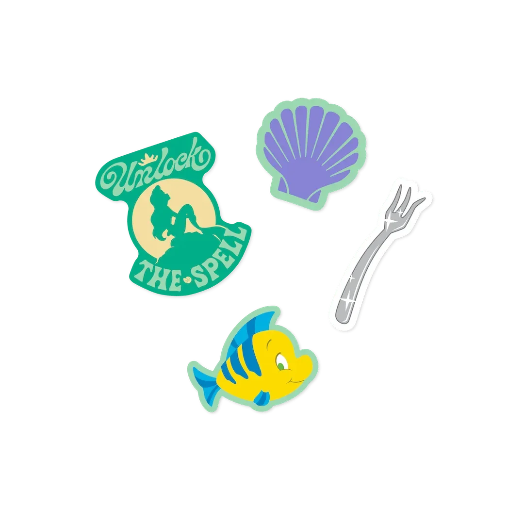 Ariel Disney Princess Collection sticker sheet with Unlock the Spell mermaid silhouette, purple seashell, dinglehopper fork, and Flounder fish
