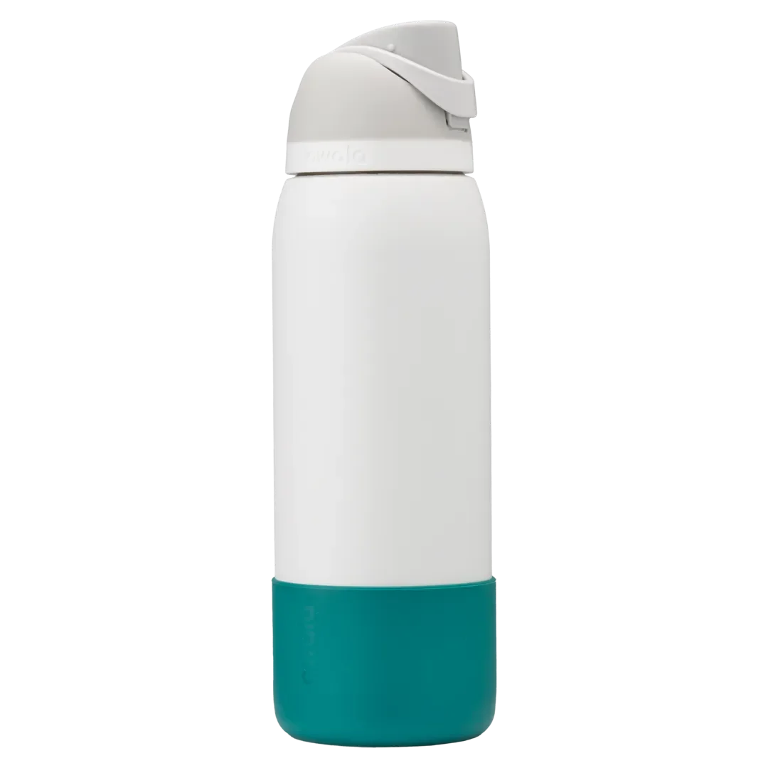 Bottle Boot in deep teal silicone, shown on a white FreeSip bottle as example