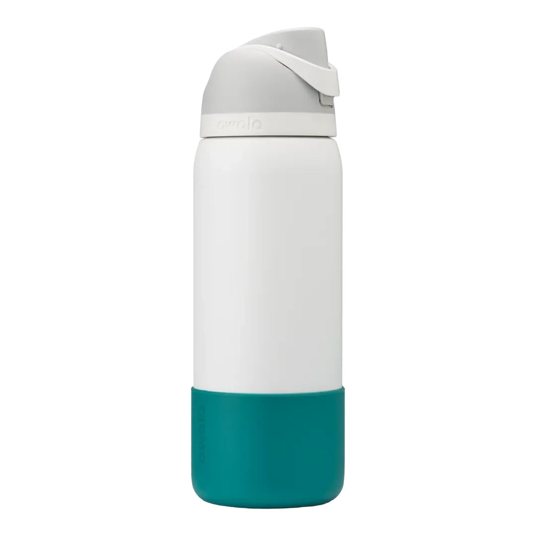 Bottle Boot in deep teal silicone, shown on a white FreeSip bottle as example