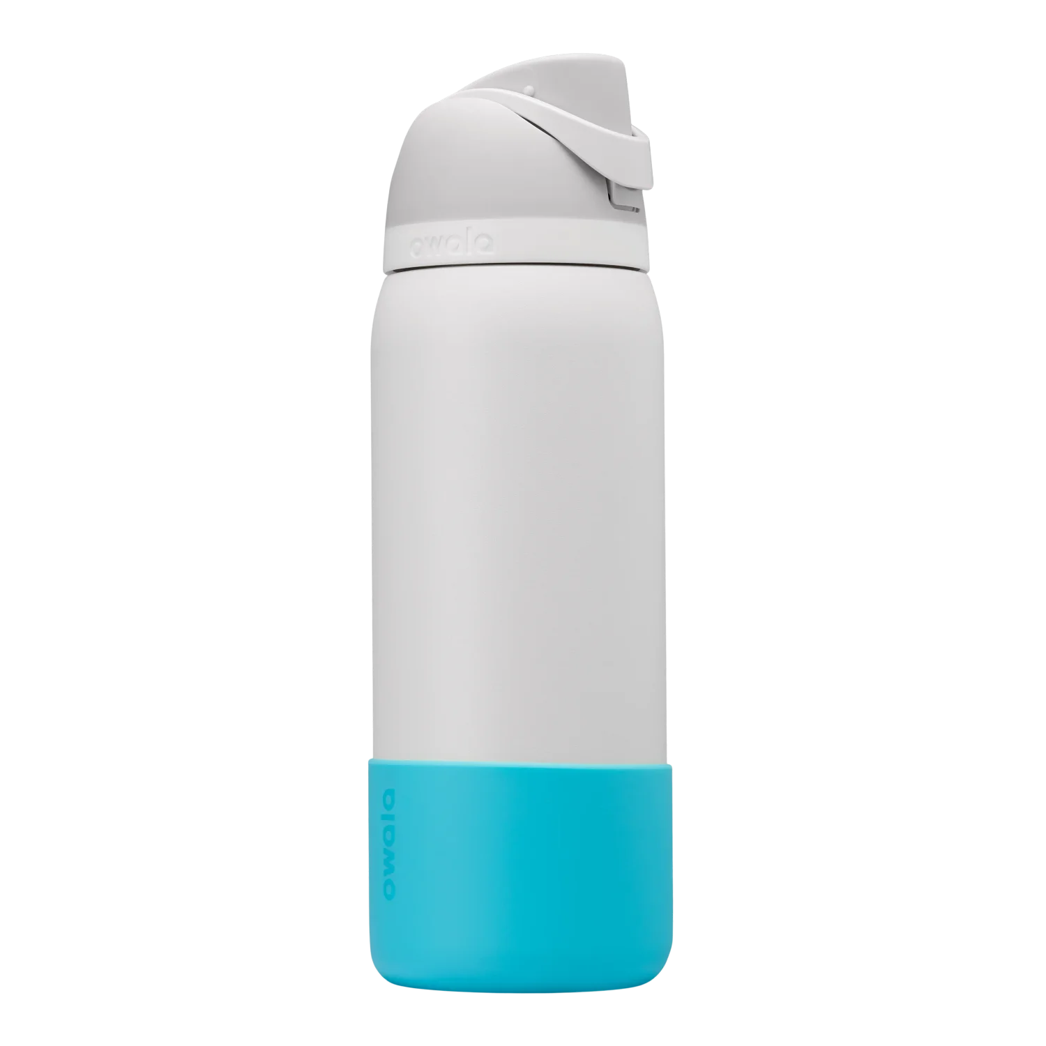 Bottle Boot in bright cyan blue silicone, shown on a white FreeSip bottle as example