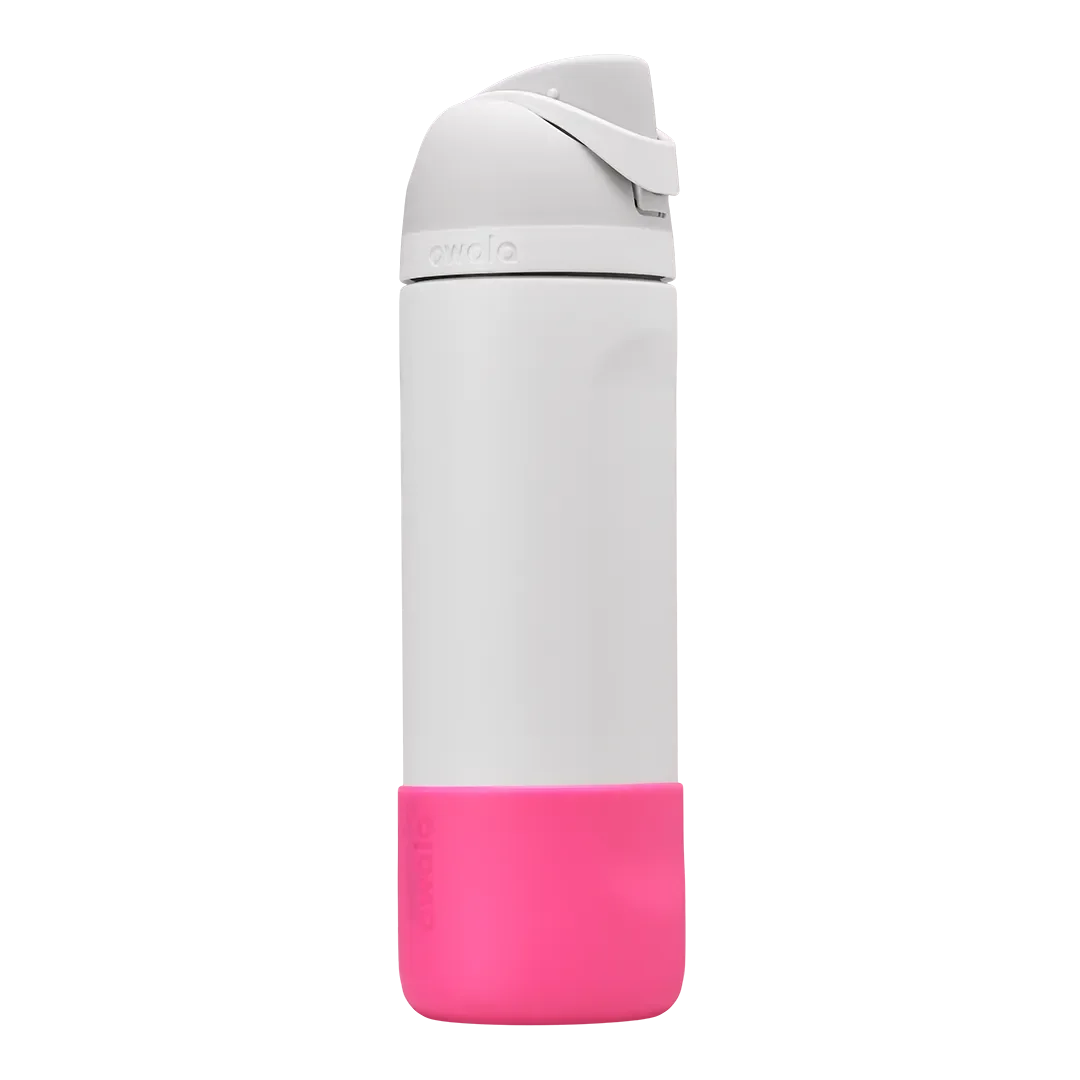 Bottle Boot in hot pink silicone, shown on a white FreeSip bottle as example